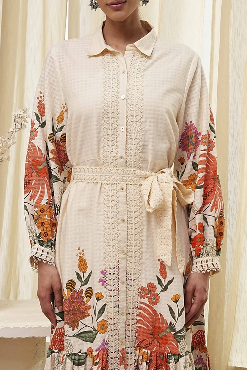 Beige Cotton Floral Shirt-Style Flared Dress image number 1