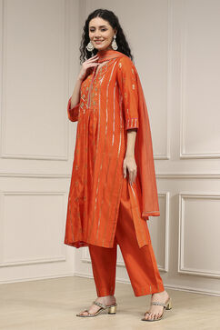 Orange Silk Straight Yarndyed Suit Set image number 3