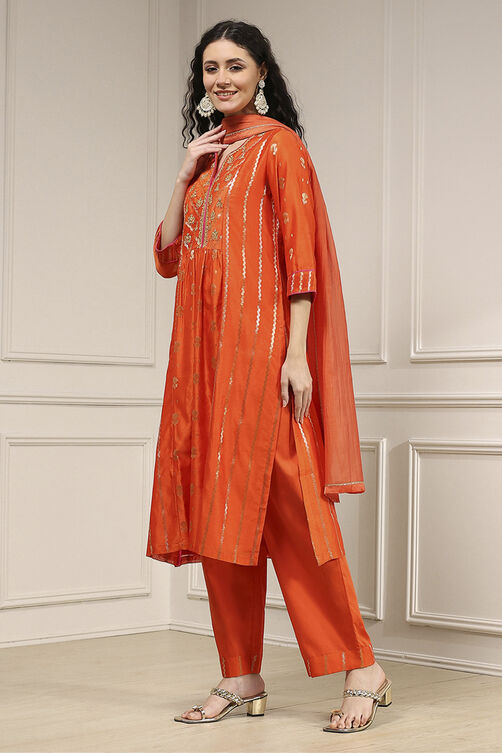 Orange Silk Straight Yarndyed Suit Set image number 3