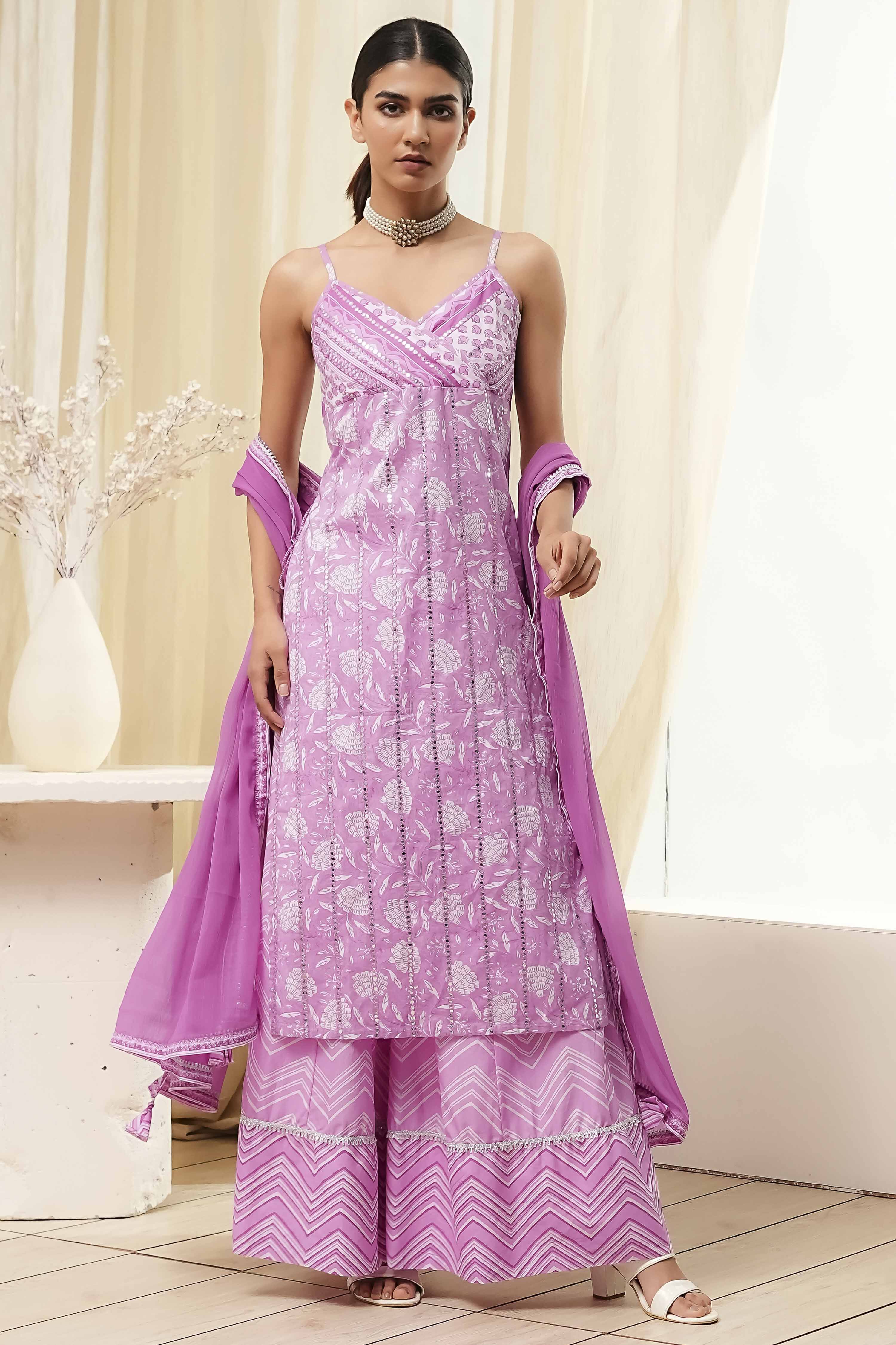 Pink Cotton Floral Strappy Straight Suit Set image number 0