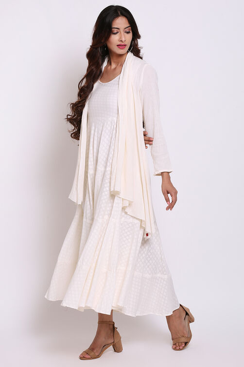 Cream Cotton Front Open Fusion Wear Dress image number 2