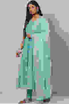 Turquoise Cotton Anarkali Kurta Churidar Suit Set image number 5