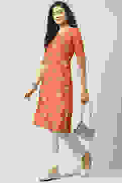 Burnt Orange Art Silk Straight Printed Kurta image number 5
