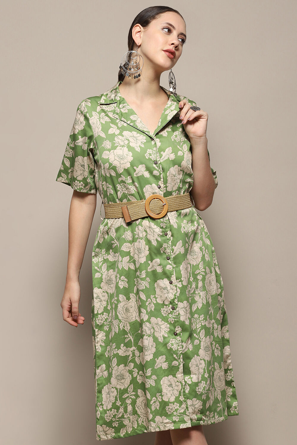 Dark Green Pure Cotton Floral Printed Straight Dress image number 1