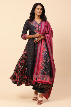 Black Cotton Double Layered Suit Set With Reversible Dupatta image number 0