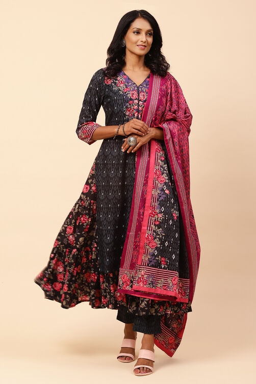 Black Cotton Double Layered Suit Set With Reversible Dupatta image number 0