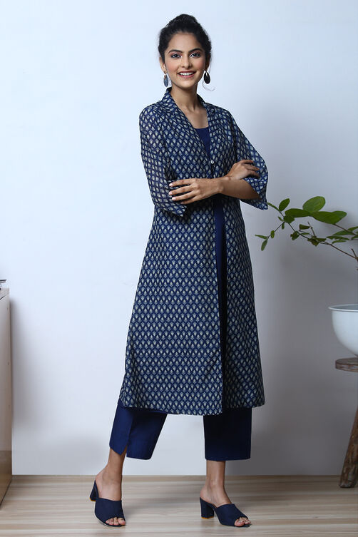 Indigo Art Silk Fusion Kurta Relaxed Pant Suit Set image number 4