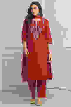 Red Art Silk Straight Kurta Slim Pant Suit Set image number 6