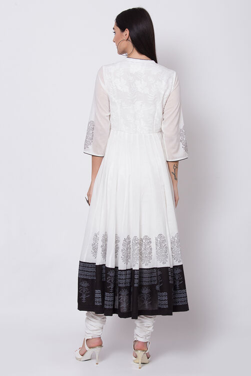 Off White And Black Cotton Anarkali Kurta Churidar Suit Set image number 5