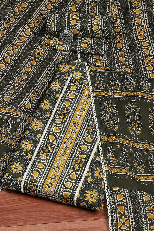 Green Cotton Floral Printed Unstitched Suit Set image number 0