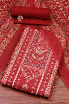 Red Cotton Digital Print Unstitched Suit Set image number 0