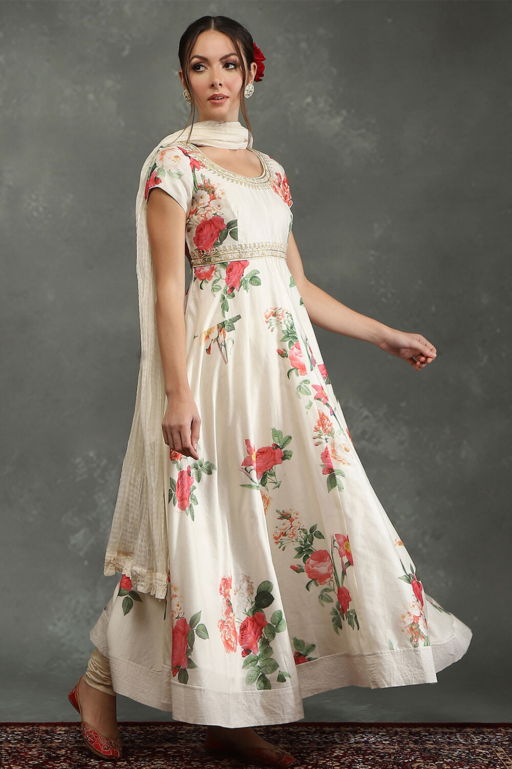 Rohit Bal Cream-Colored Silk Chanderi Floral Printed Anarkali Suit Set image number 5