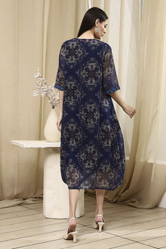 Blue Georgette Printed Asymmetric Dress image number 3