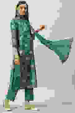 Peacock Green Printed Straight Kurta Regular Pants Suit Set image number 5