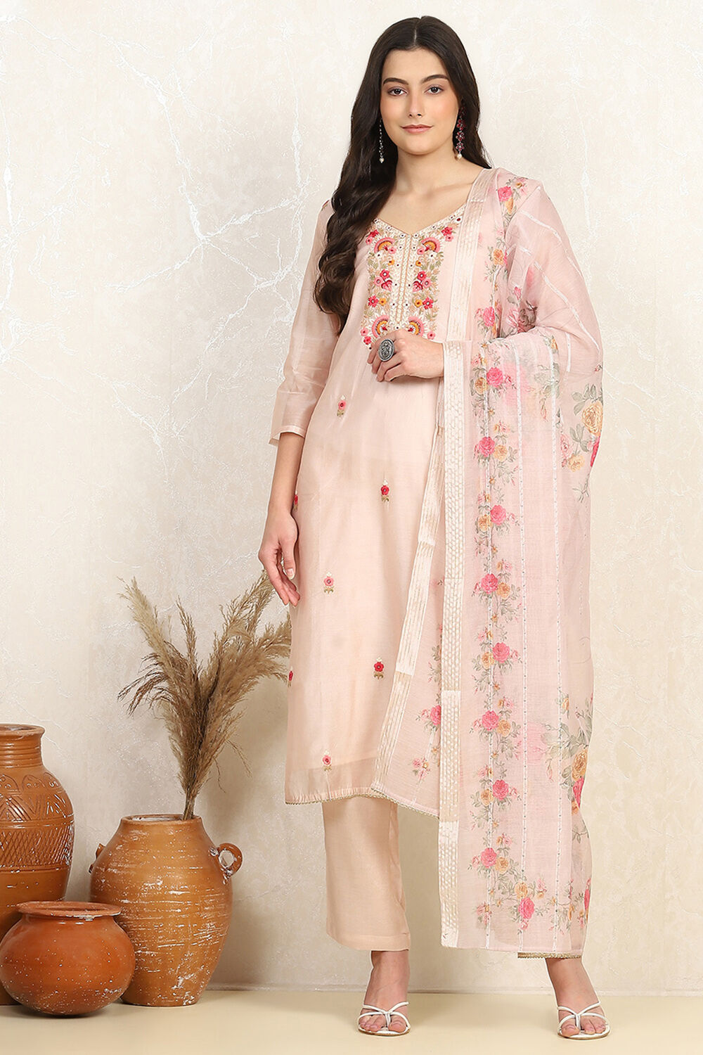 Off White Chanderi Machine Embroidered Unstitched Suit Set image number 7