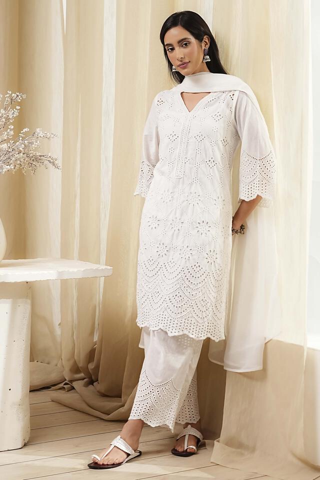 BIBA Off-White Cotton Schiffli Straight Kurta Set in Off White