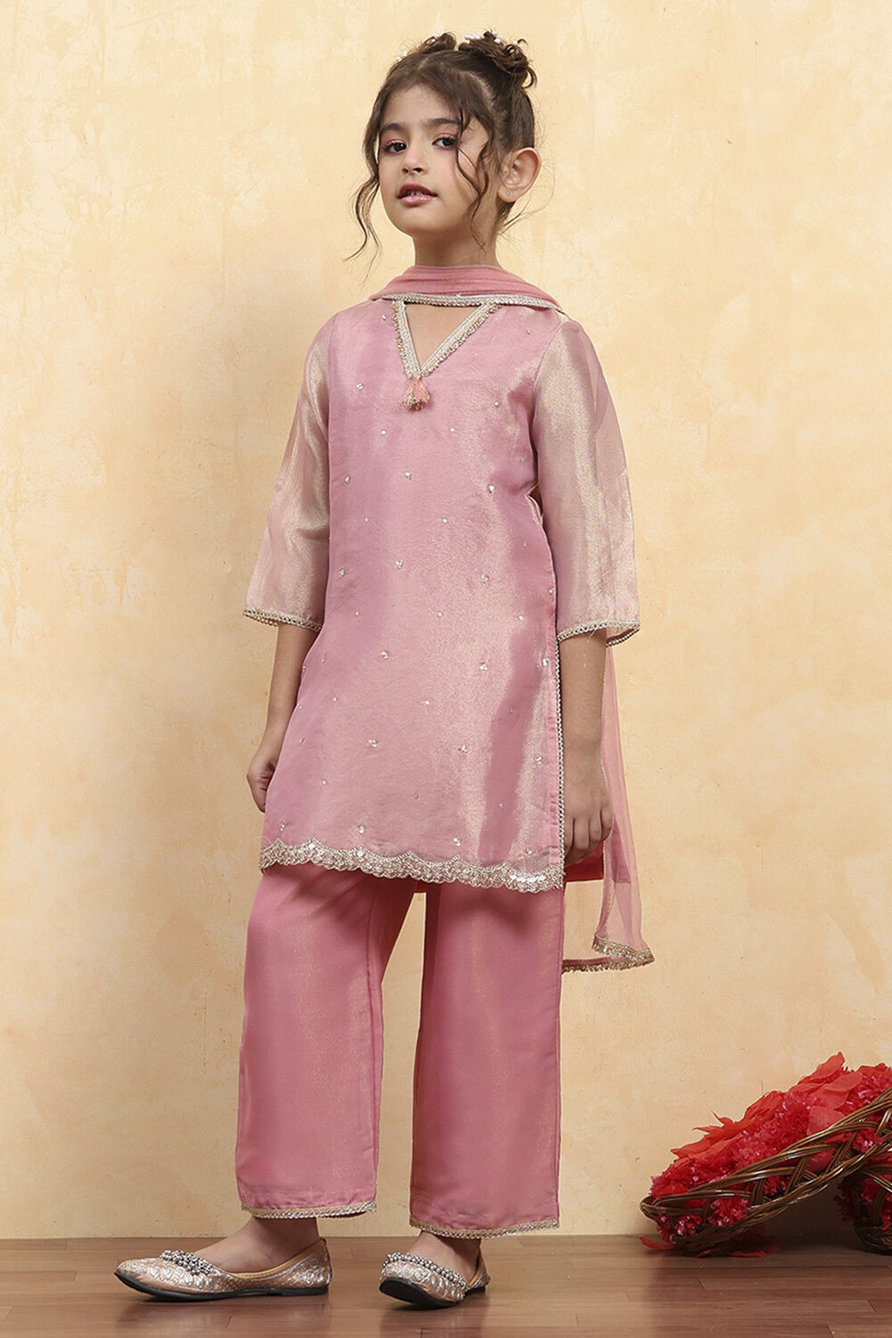 Baby Pink Tissue Solid Straight Suit Set image number 3