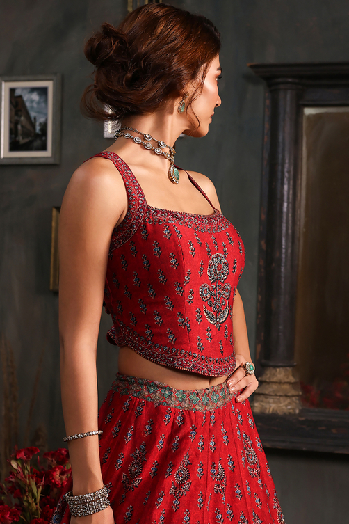 Red Chanderi Printed Fitted Lehenga Set image number 1
