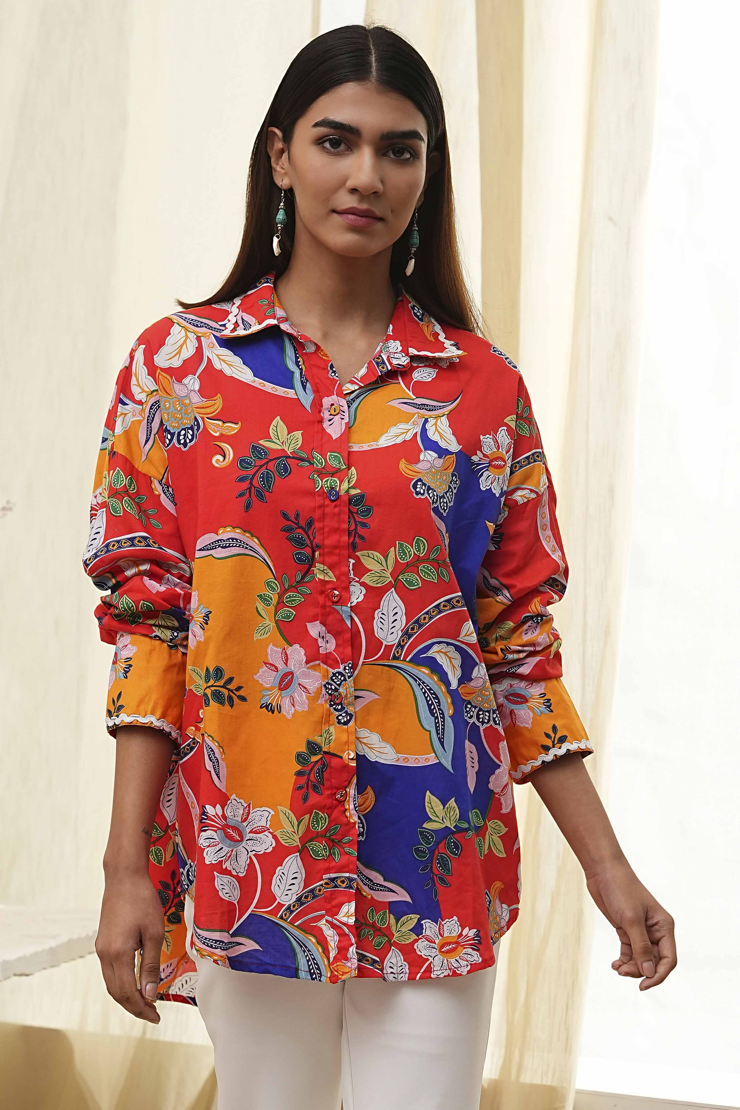 Orange Cotton Floral High-Low Shirt image number 5