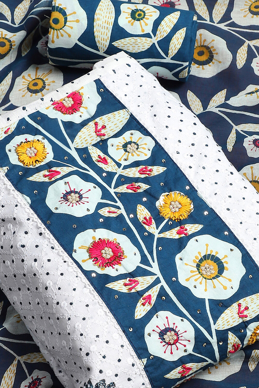 White and Blue Cotton Schiffli Unstitched Suit Set image number 2