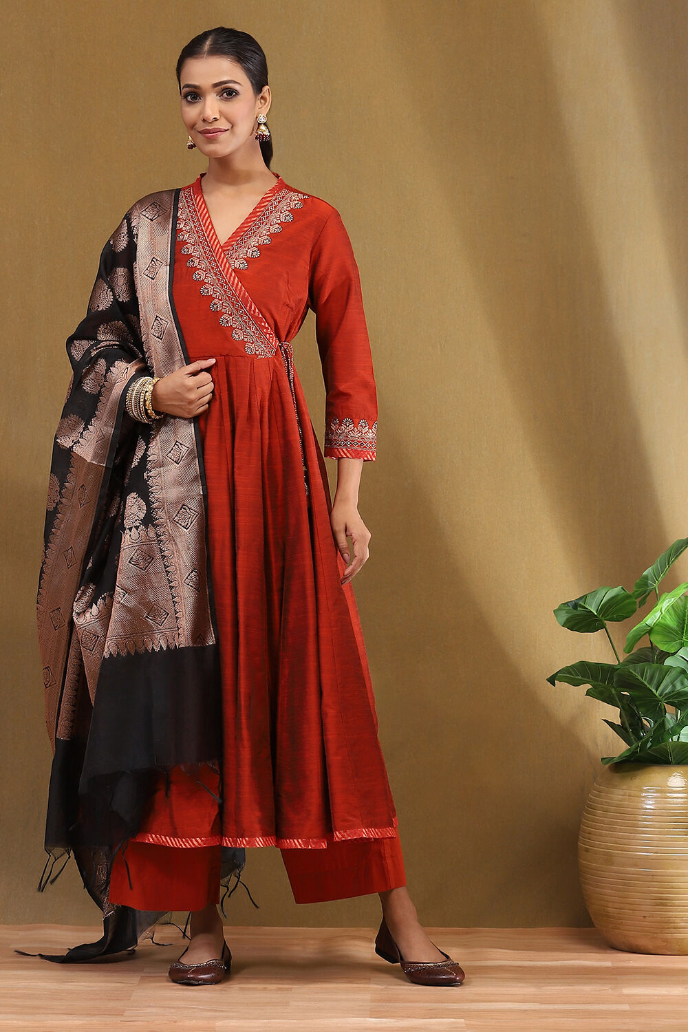 Rust Embroidered Angrakha Festive Anarkali Suit Set image number 10