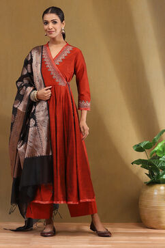 Rust Embroidered Angrakha Festive Anarkali Suit Set image number 11