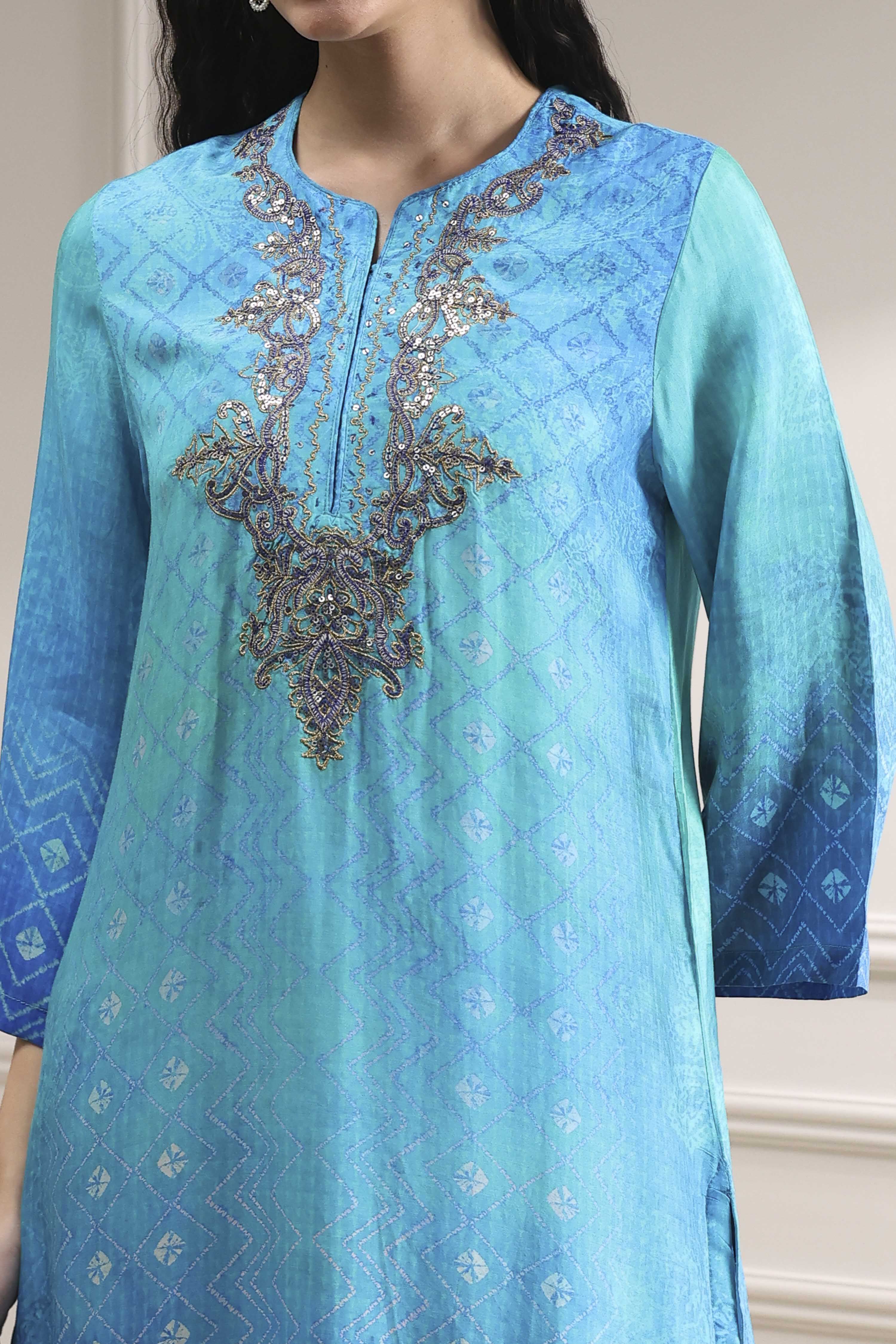 Turquoise Printed Straight Suit Set image number 1