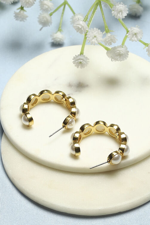White Gold-Plated Pearl Contemporary Hoops image number 2