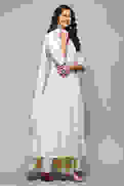 Off White Cotton Anarkali Lehenga Set image number 6