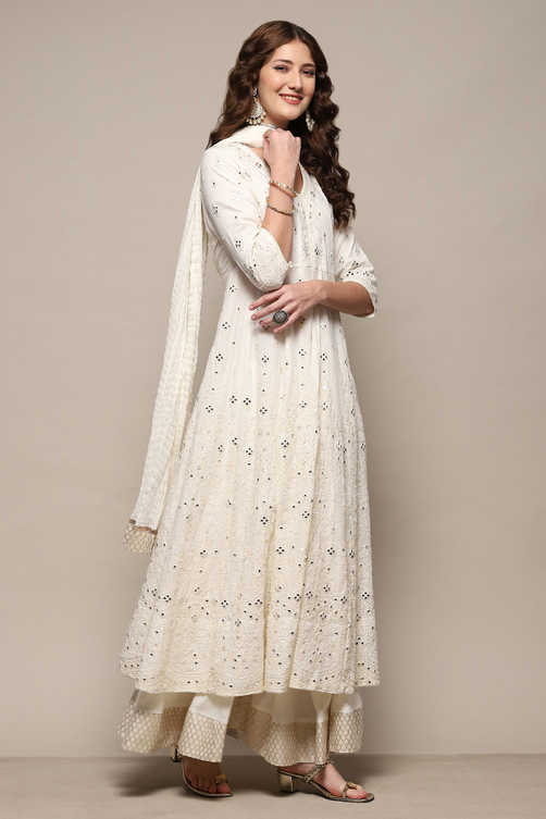 Off White Cotton Anarkali Lehenga Set image number 6