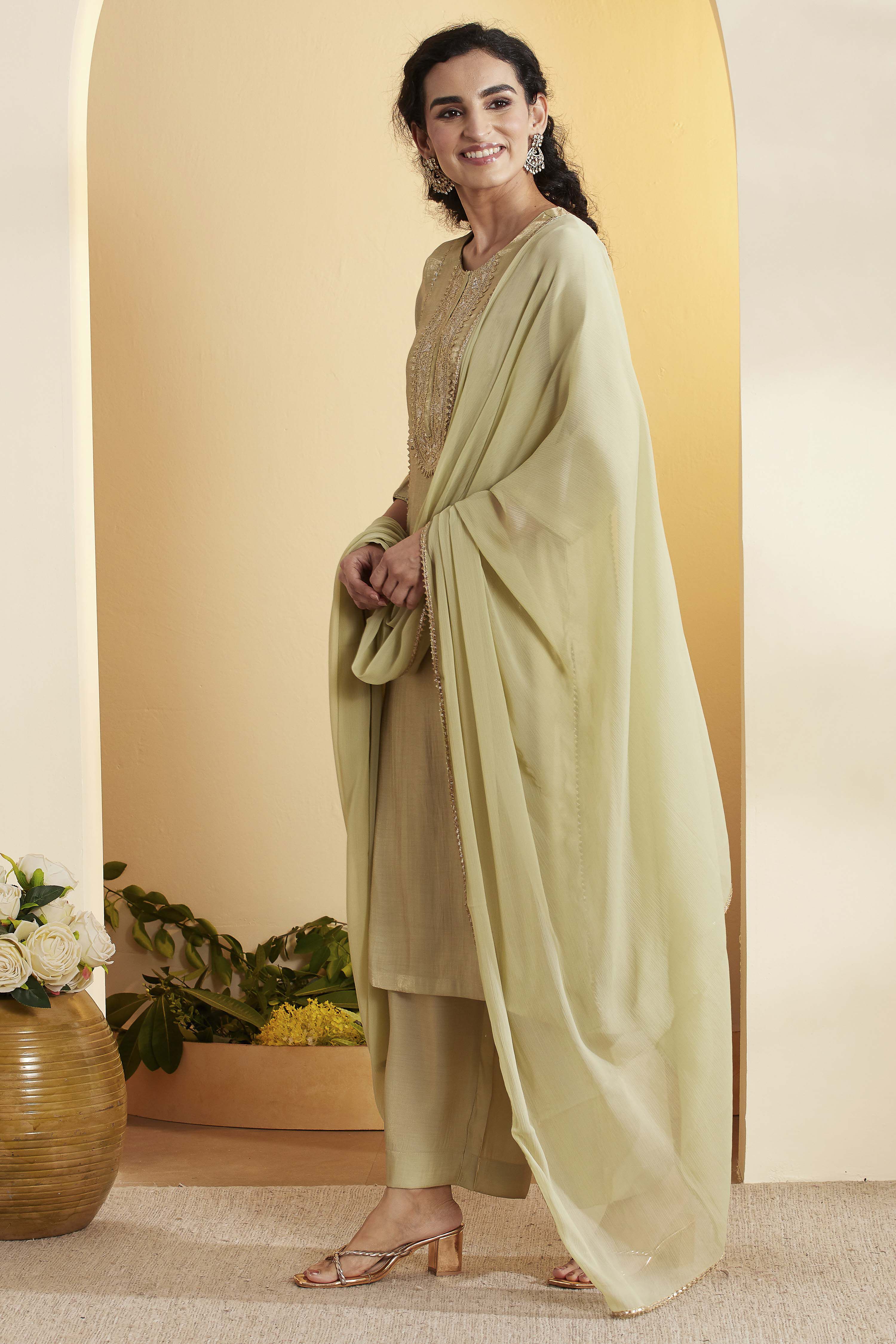 Pista Green Viscose Blend Yoke Design Straight Kurta Set image number 3