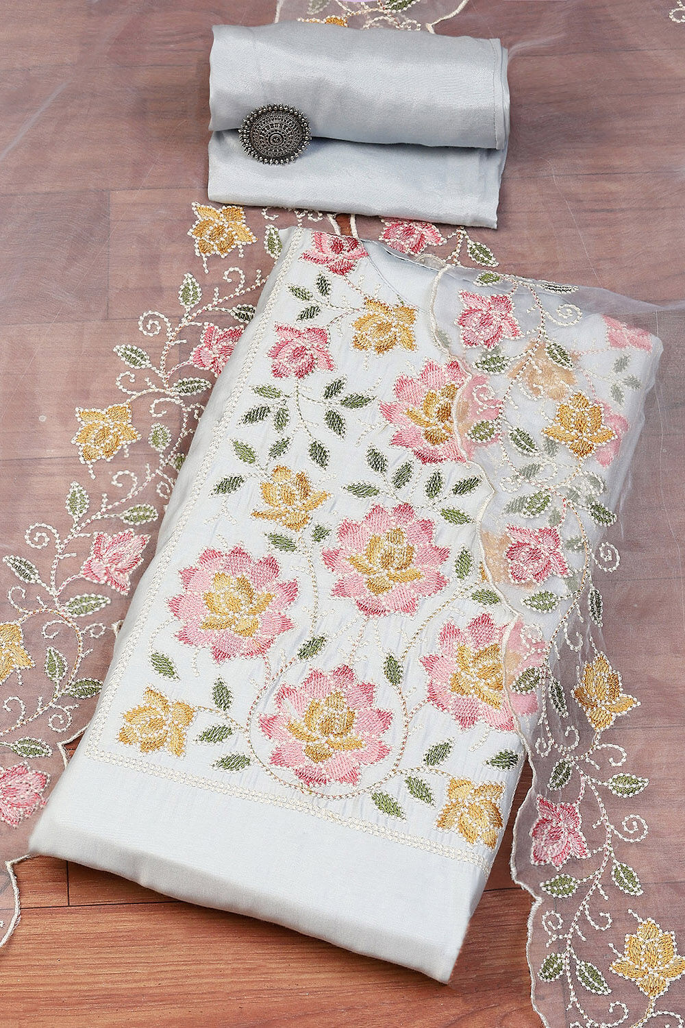 Light Blue Chanderi Blend Printed Unstitched Suit Set image number 0