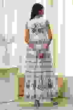 Off-White and Blue Cotton Floral Tiered Dress image number 3