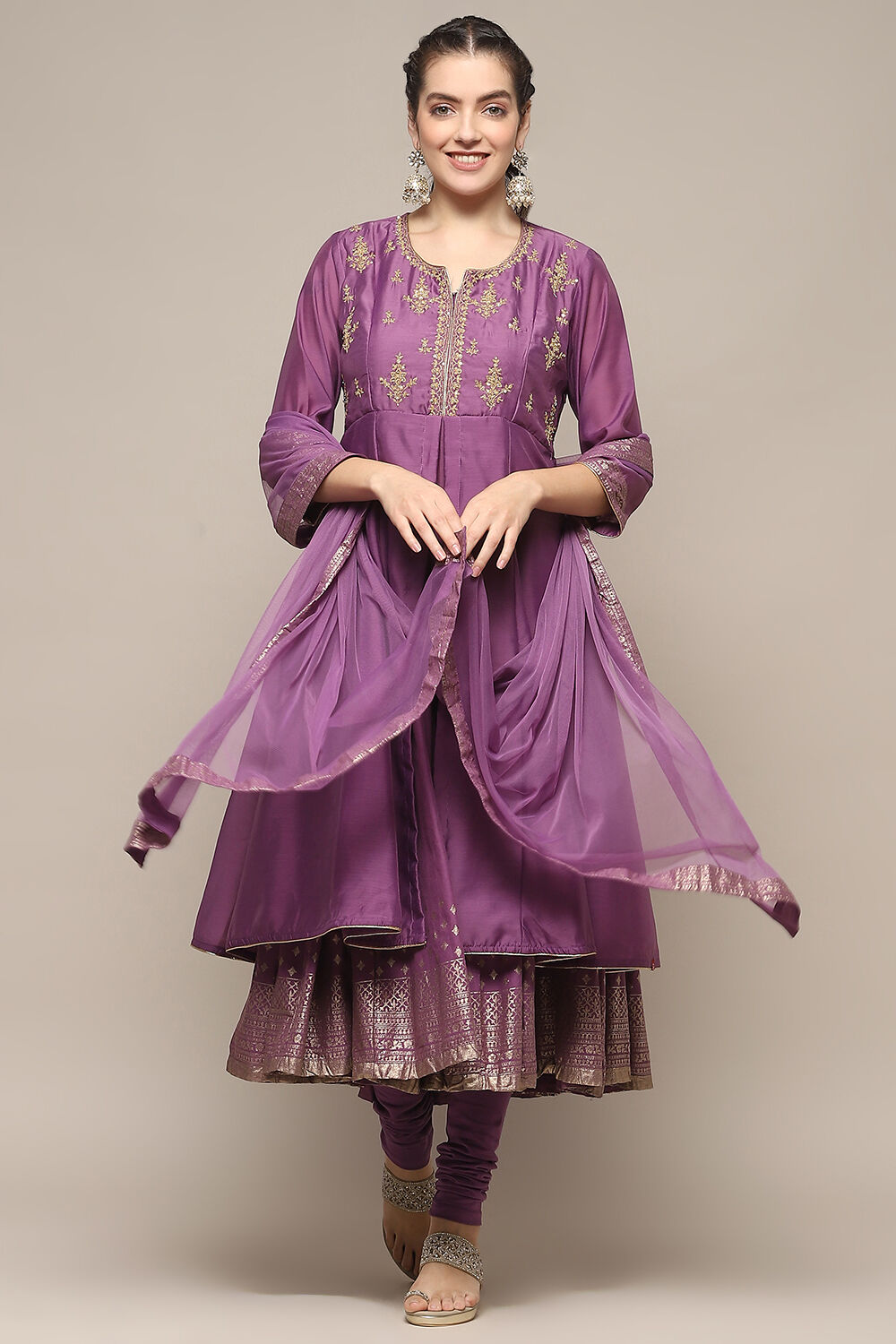 Violet Jersey Anarkali Kurta Churidar Suit Set image number 0
