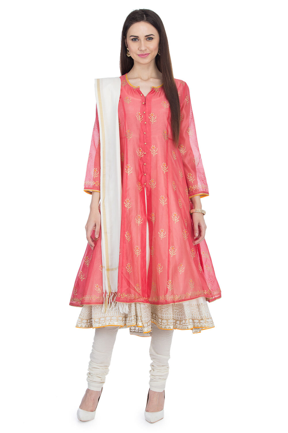 Coral Pink Front Open Cotton Kurta Churidar Suit Set image number 0
