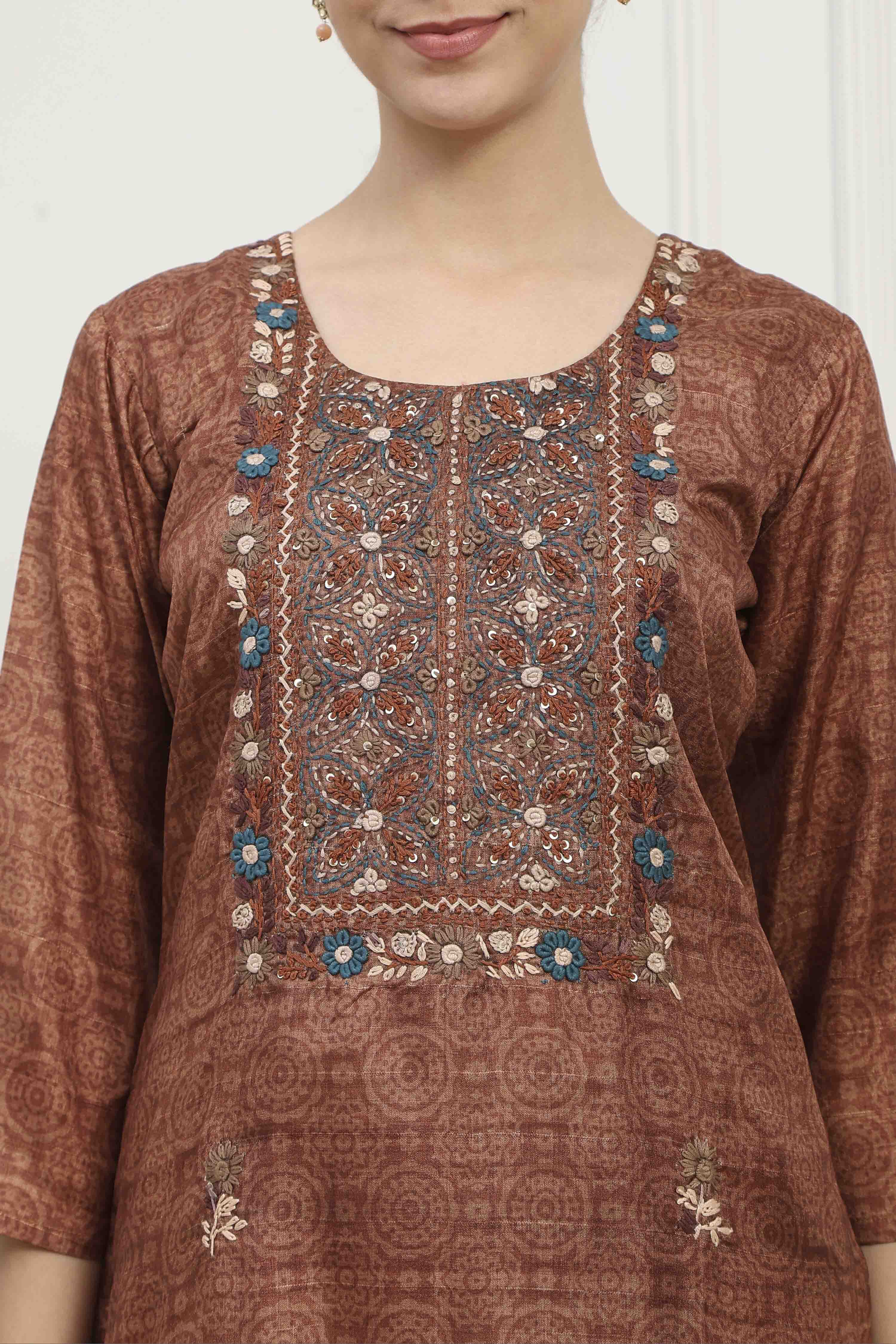 Mustard Silk Tussar Hand Embroidered Unstitched Suit Set image number 2