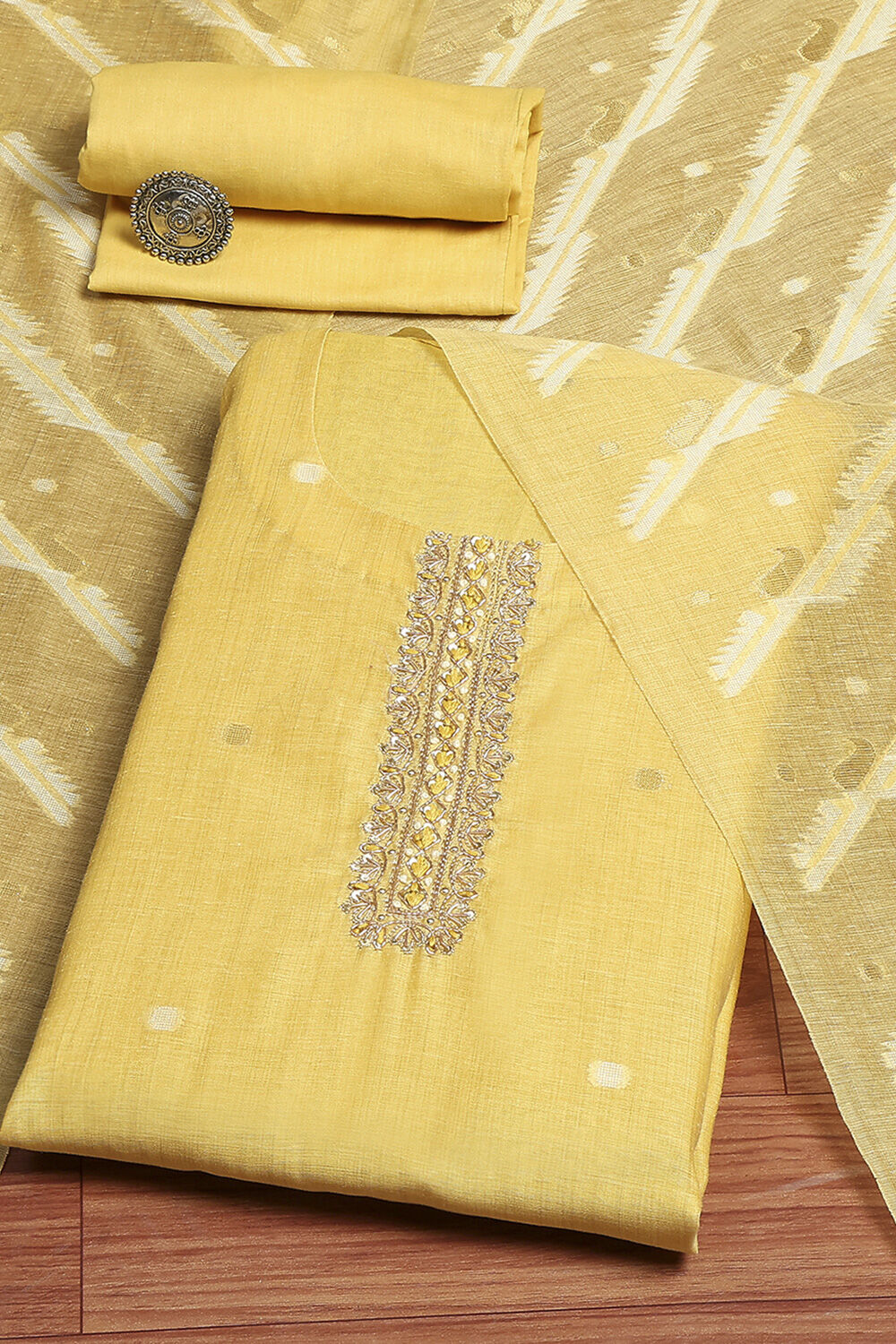 Mustard Chanderi Jamdani Unstitched Suit Set image number 0