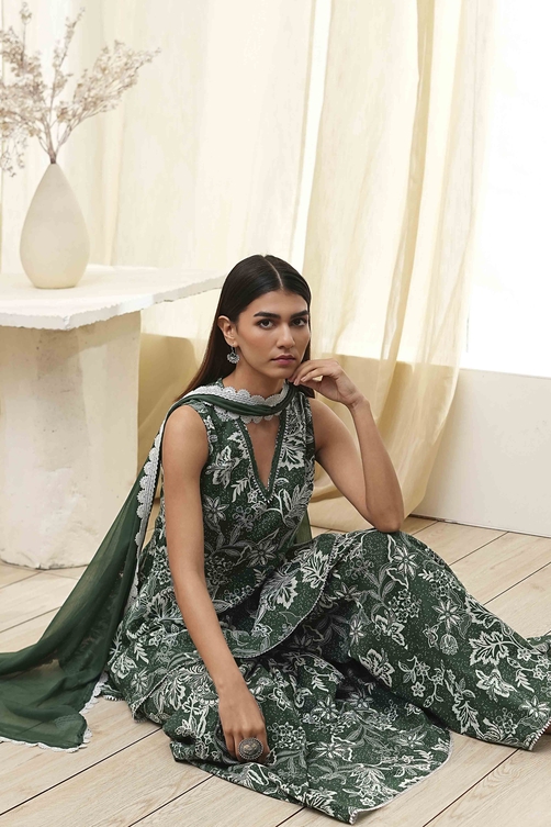 Green Cotton Floral Peplum Suit Set image number 0