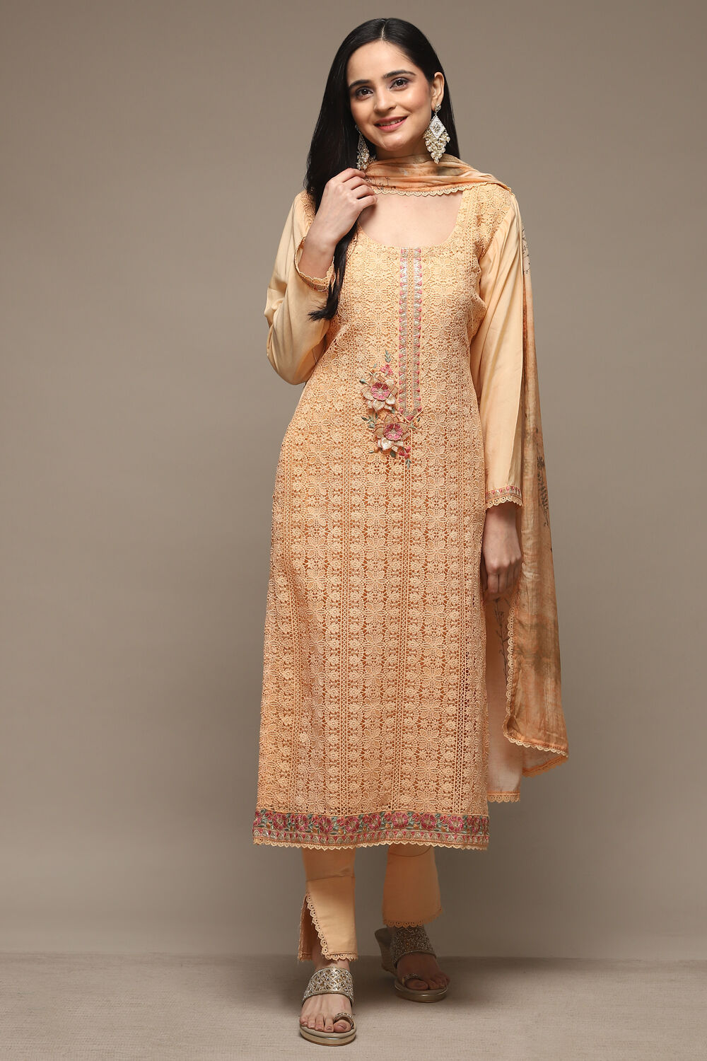 Peach Muslin Lace Unstitched Suit Set image number 8