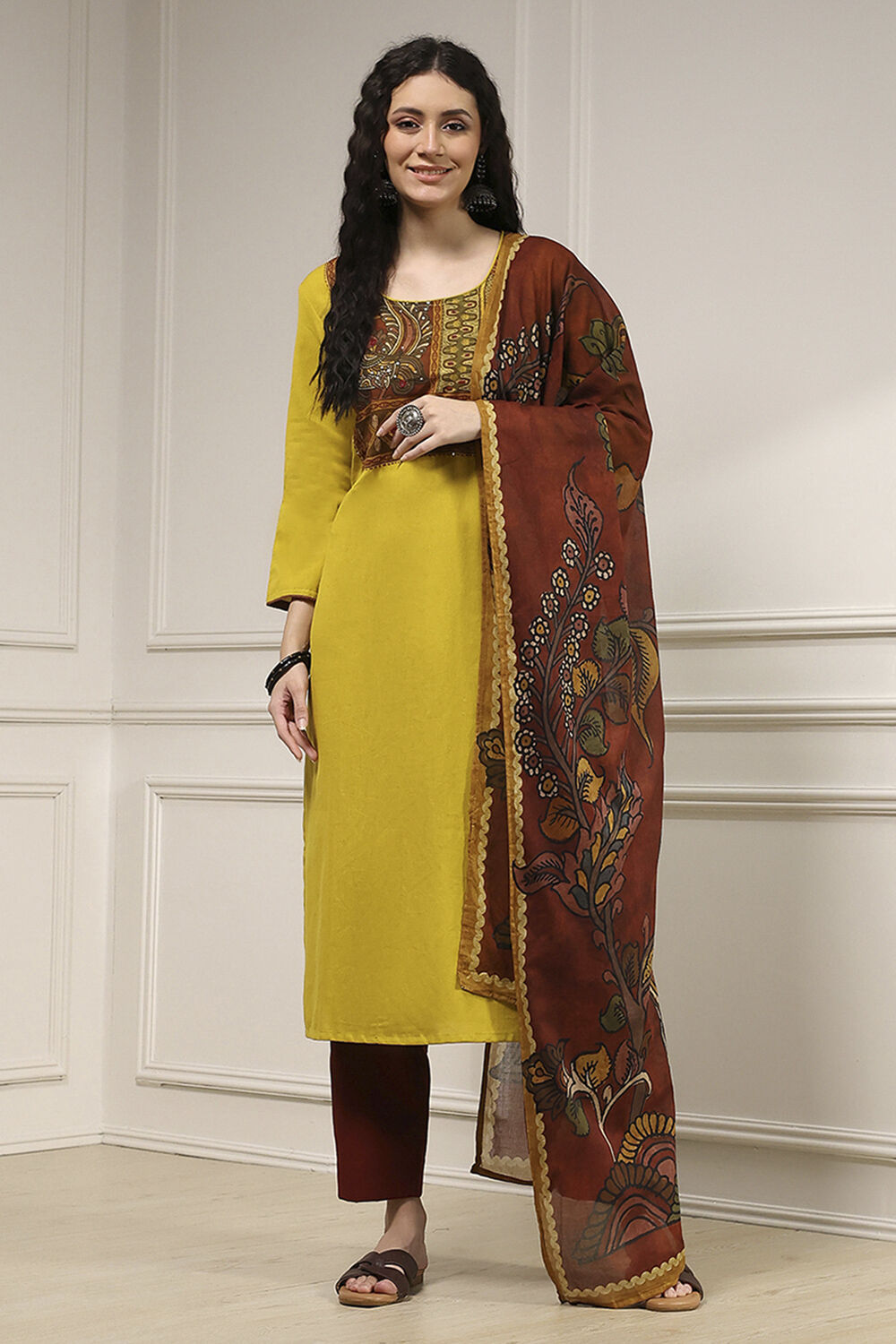 Yellow Cotton Hand Block Print Unstitched Suit Set image number 1