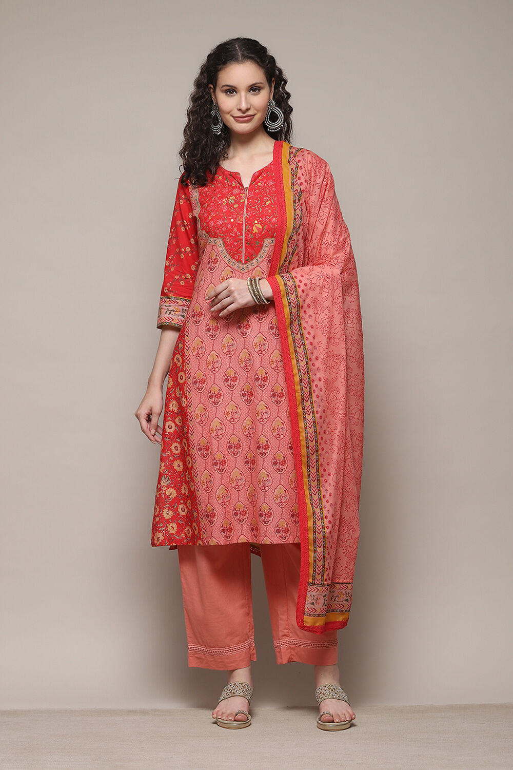 biba Red Cotton Blend Straight Printed Kurta Narrow Palazzo Suit SetRed Cotton Blend Straight Printed Kurta Narrow Palazzo Suit Set-picture-416
