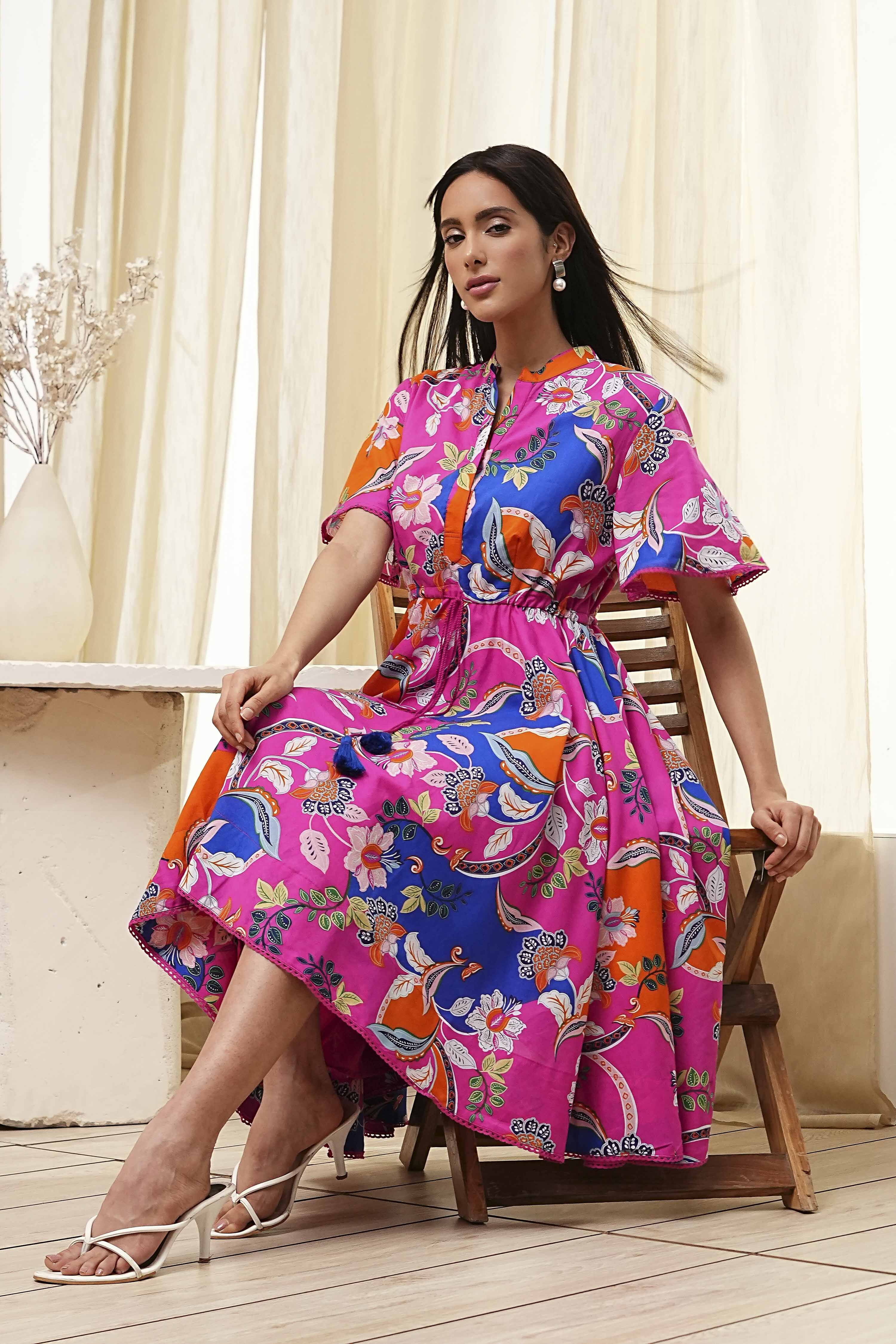 Pink Cotton Printed Flared Dress image number 0