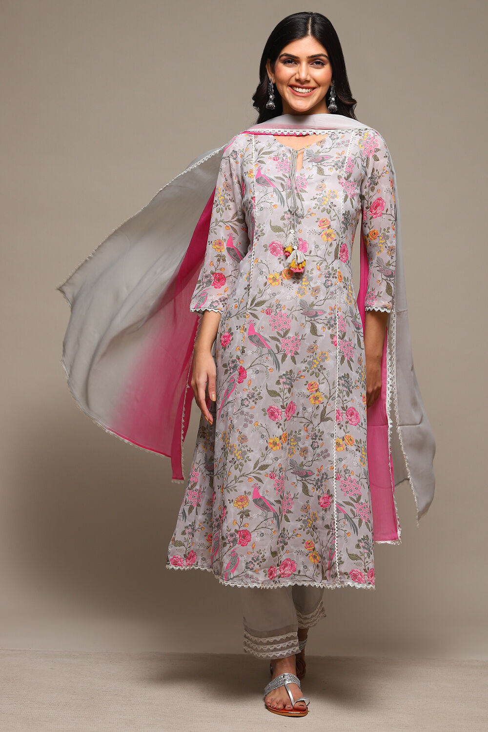 Grey Cotton Blend Kalidar Kurta Pants Suit Set image number 0