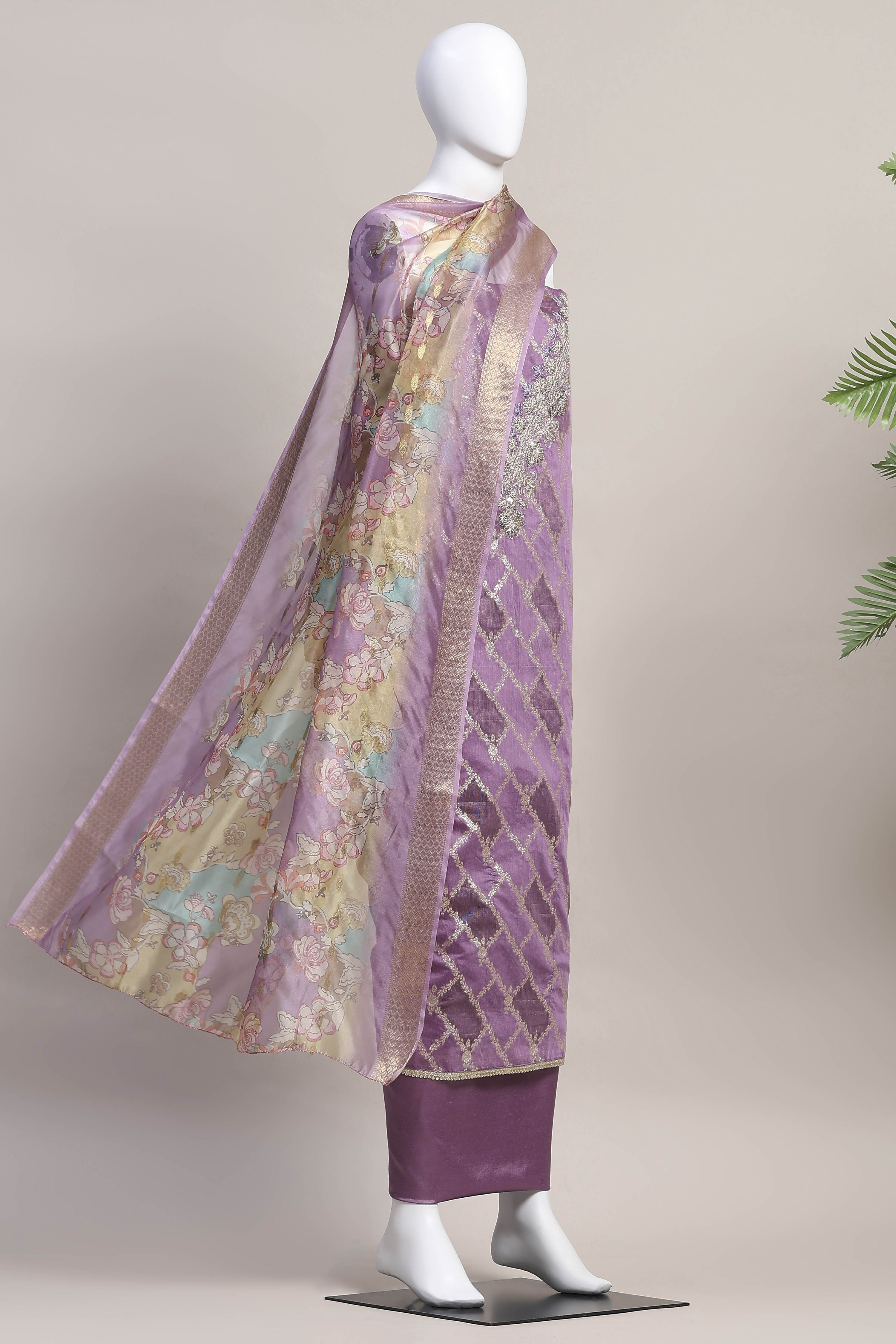 Purple Organza Unstitched Suit Set image number 4