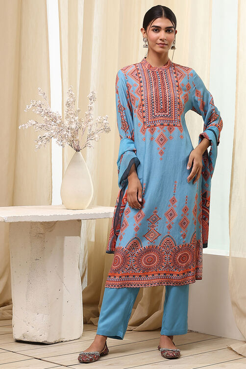 Dull Blue Printed Straight Suit Set image number 6