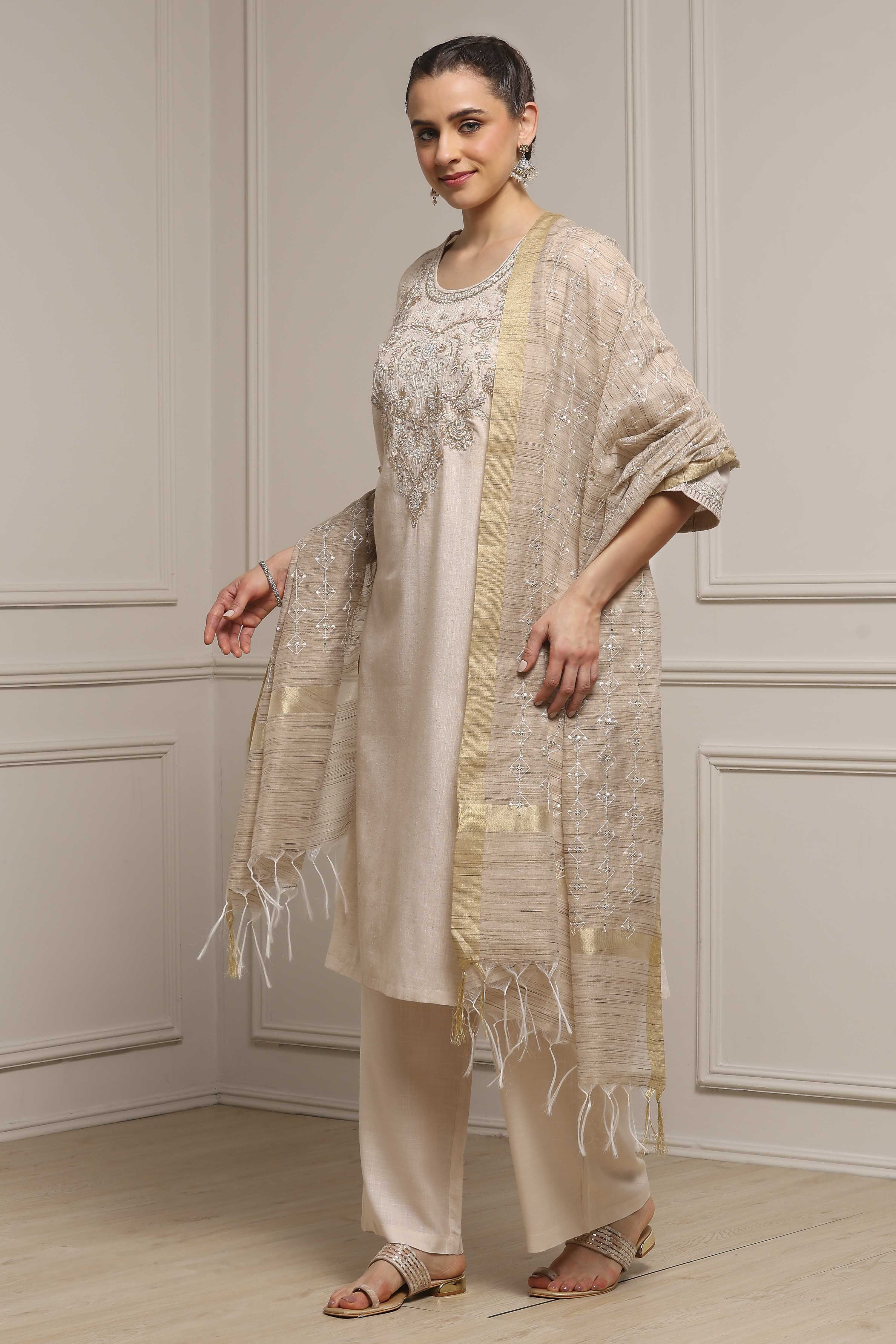 Beige Cotton Linen Yarn-Dyed Embroidered Straight Suit Set image number 3