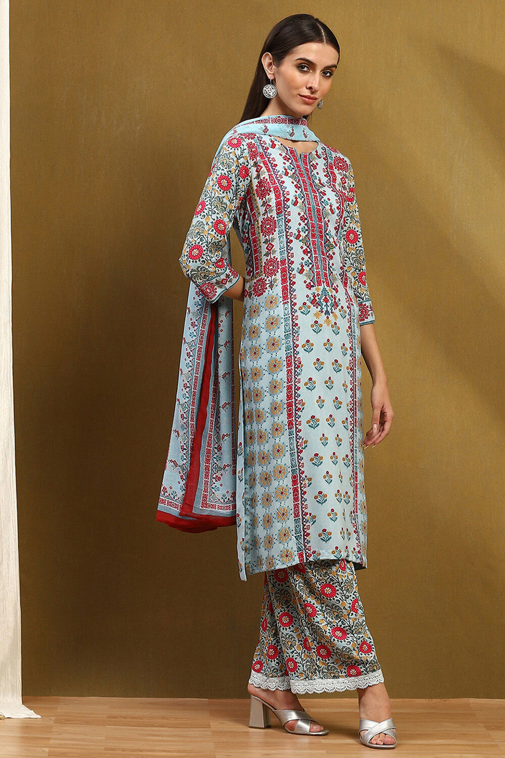 Turquoise Floral Printed Straight Suit Set image number 5