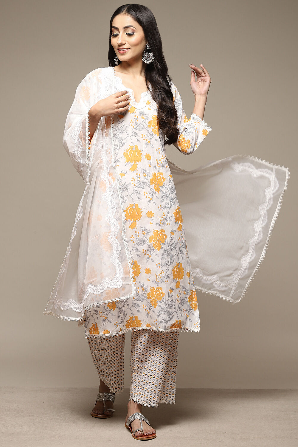 Ivory Cotton Straight Kurta Palazzo Suit Set image number 0