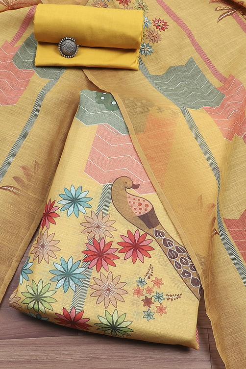 Yellow Chanderi Printed Unstitched Suit Set - Main Image