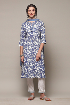 White & Blue Rayon Gathered Kurta Pants Suit Set image number 7